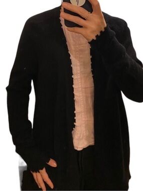 Black Cashmere Open-Front Distressed Ruffle-Trim Cardigan